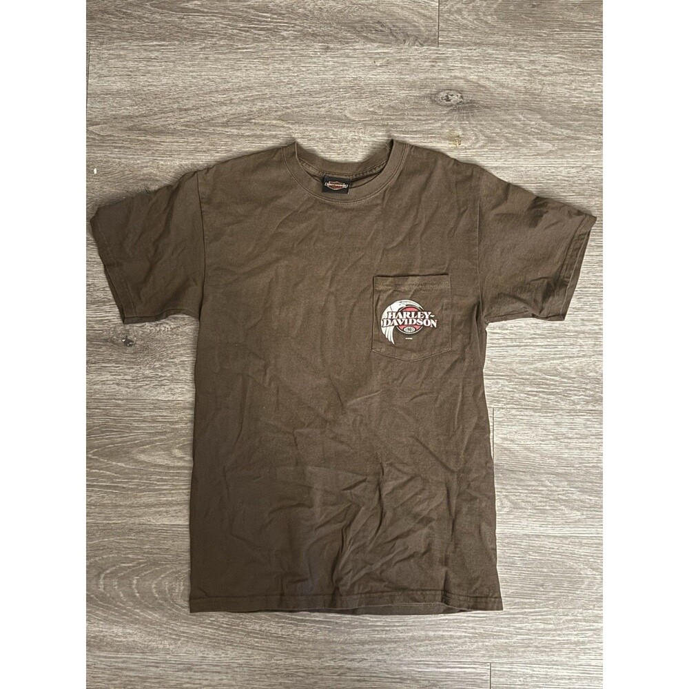 Vintage 2012 Harley-Davidson Eagle Wing Graphic Pocket T-Shirt Faded Brown small